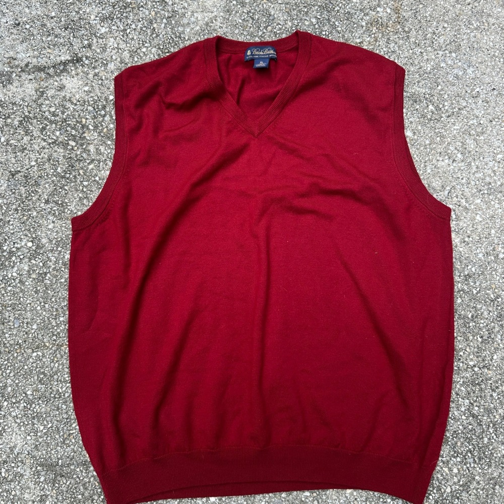 Vintage 90s Brooks Brothers Mens Italian Merino Wool V-Neck Sweater Vest Red XL
